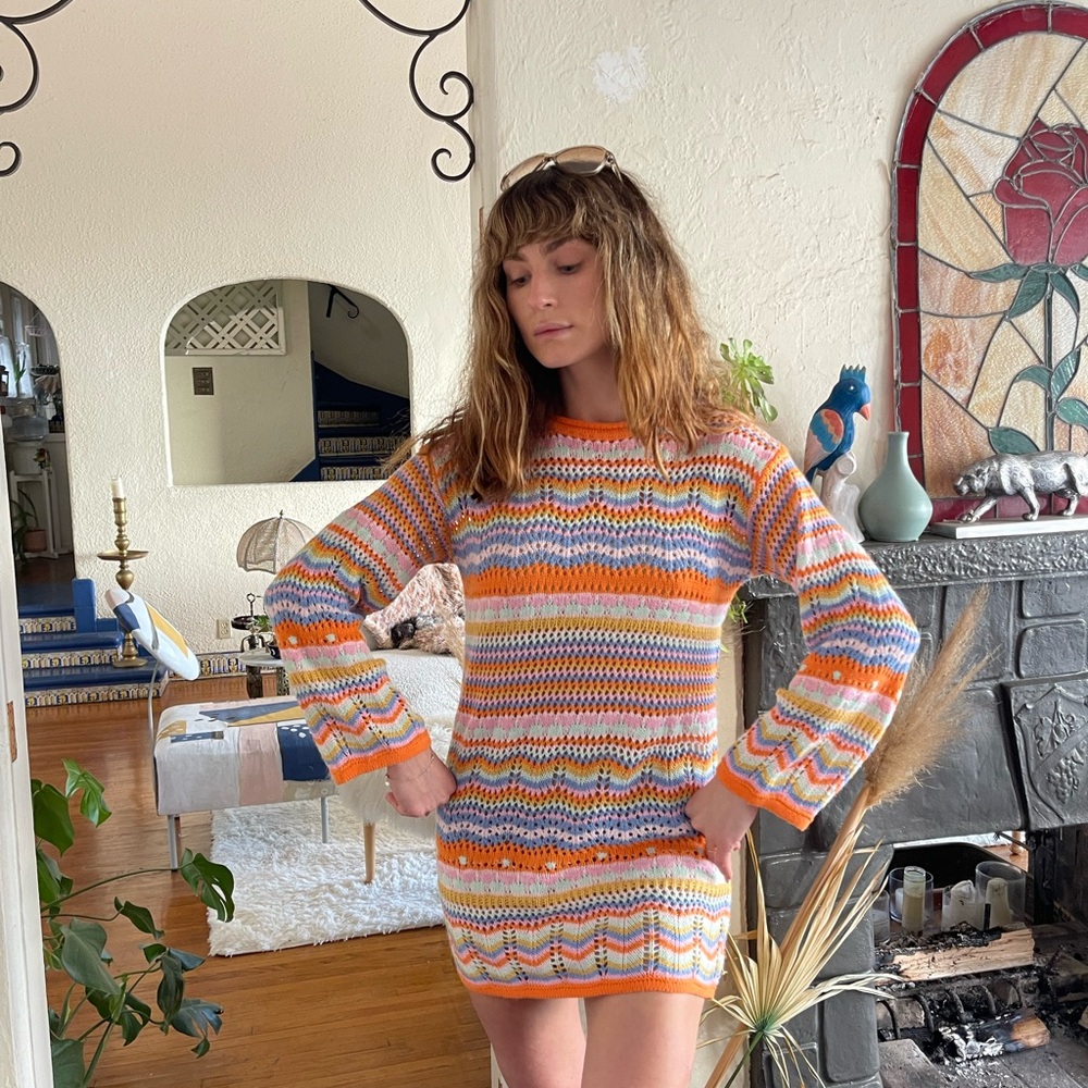 Crochet Striped Knit Sweater Mini Dress - Picture 4 of 10